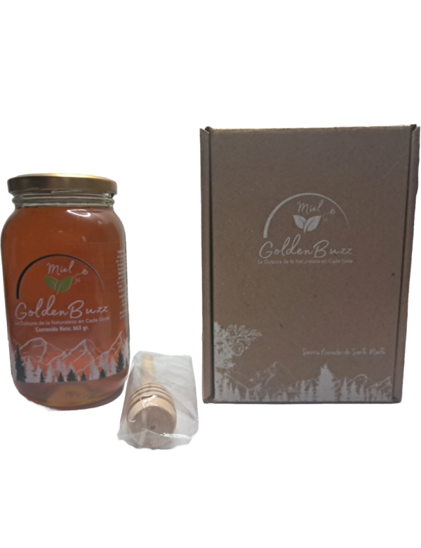 GoldenBuzz Pack Premium de 663g envase de vidrio, mielero y caja de regalo. - Imagen 3